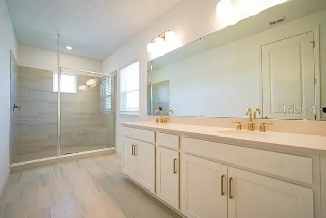 a bathroom with a shower sink and mirror