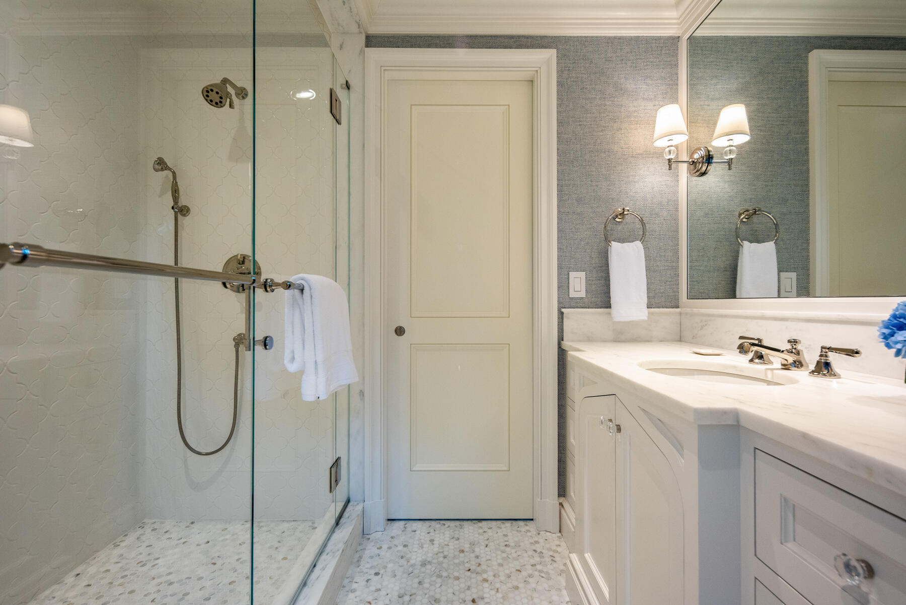 16 Raiders Lane Darien, CT 06820 - Photo 31 of 53 a bathroom with a granite countertop shower sink and mirror