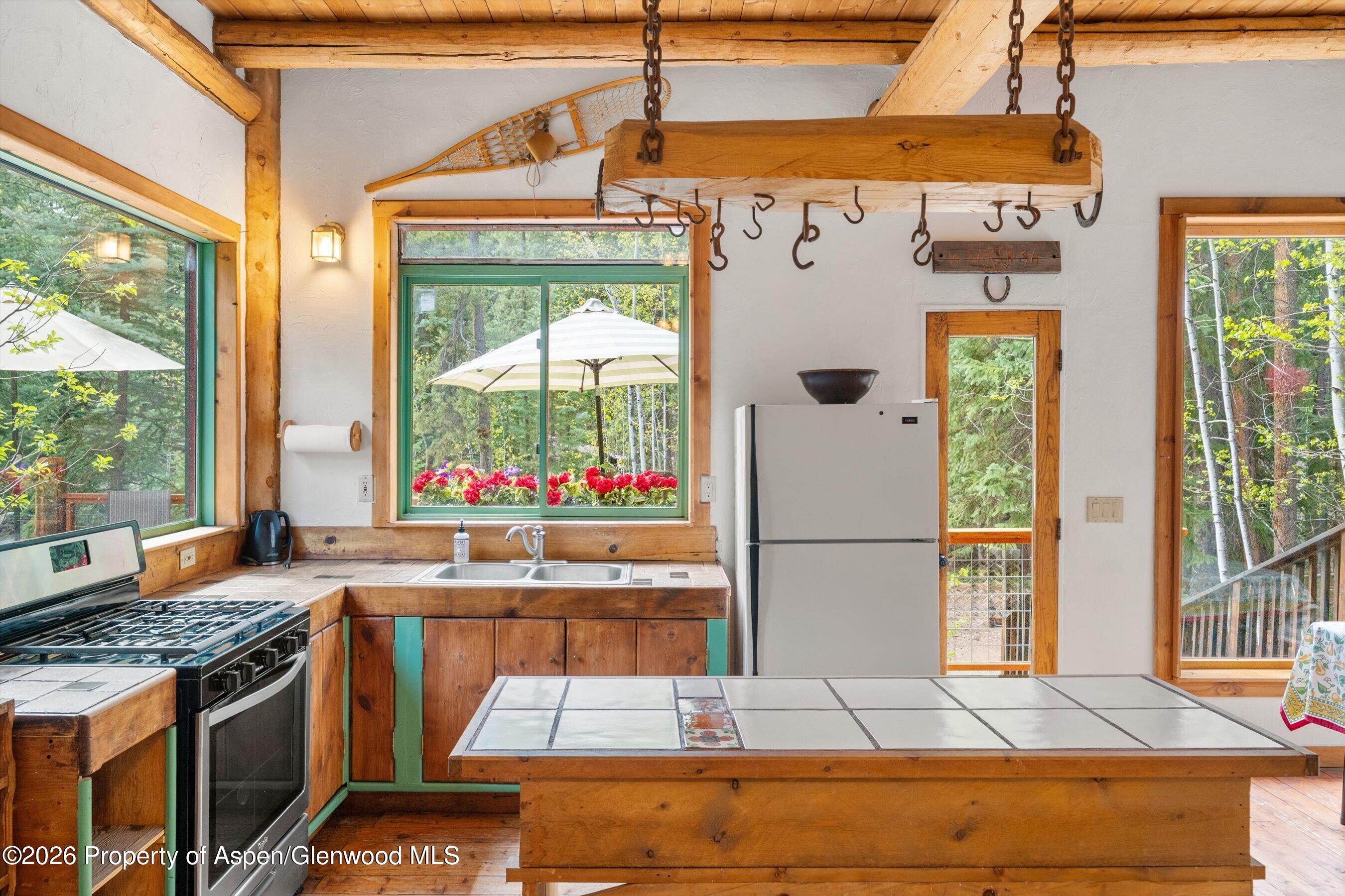 26608 Frying Pan Road Meredith, CO 81642 - Photo 22 of 49 a kitchen with a stove a refrigerator and a dining table with wooden floor