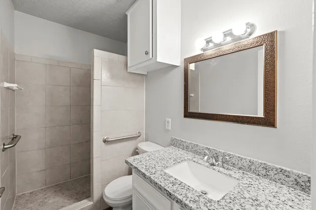 a bathroom with a granite countertop toilet sink and mirror