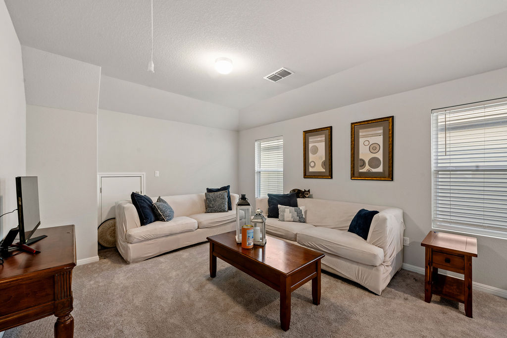 2417 Roosevelt Road Leander, TX 78641 - Photo 26 of 40 Living area with carpet flooring, lofted ceiling, and a textured ceiling