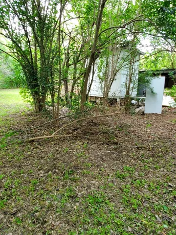 a view of a backyard with large trees