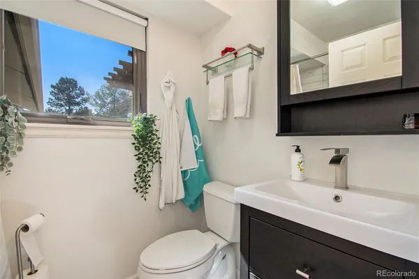 a bathroom with a sink a mirror and toilet