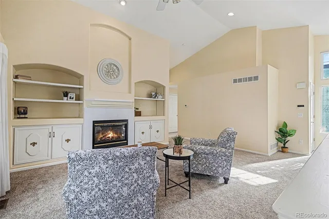 a living room with furniture a fireplace and a potted plant