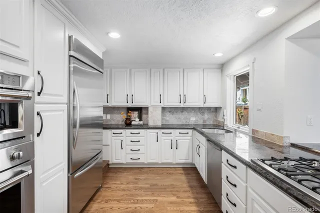 a kitchen with granite countertop a sink stove and refrigerator