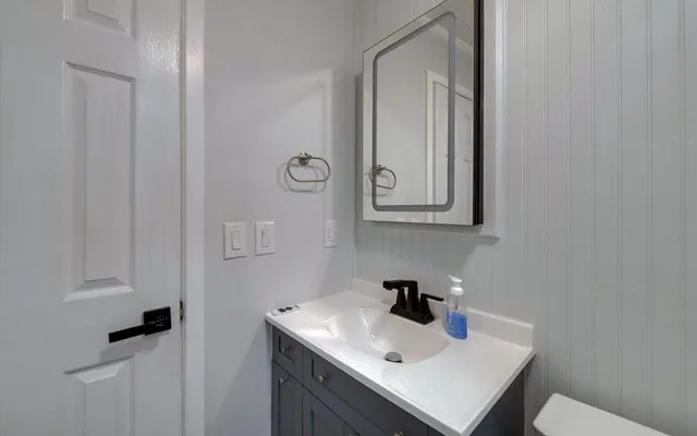 a bathroom with a sink toilet and vanity