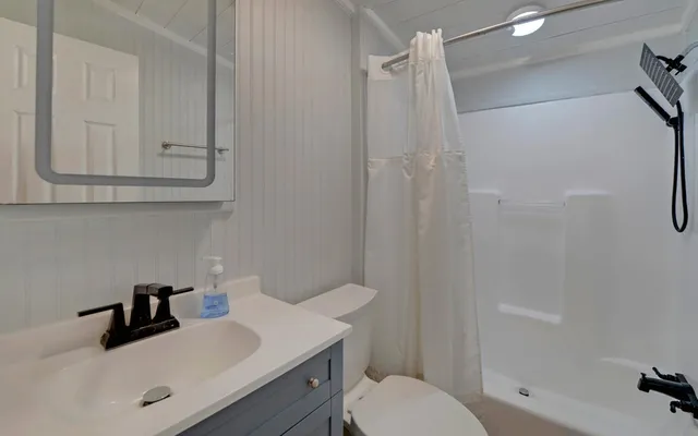 a bathroom with a sink a toilet and shower