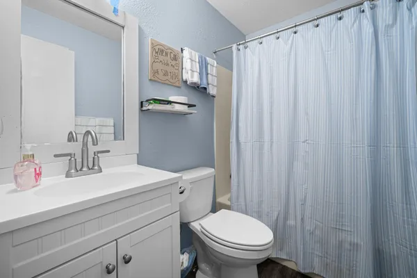 a bathroom with a sink a toilet and shower curtain