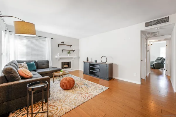 a living room with furniture a rug and a fireplace