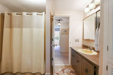 a bathroom with a double vanity sink mirror and shower