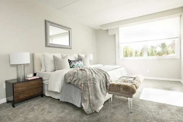 a bedroom with a bed and a window