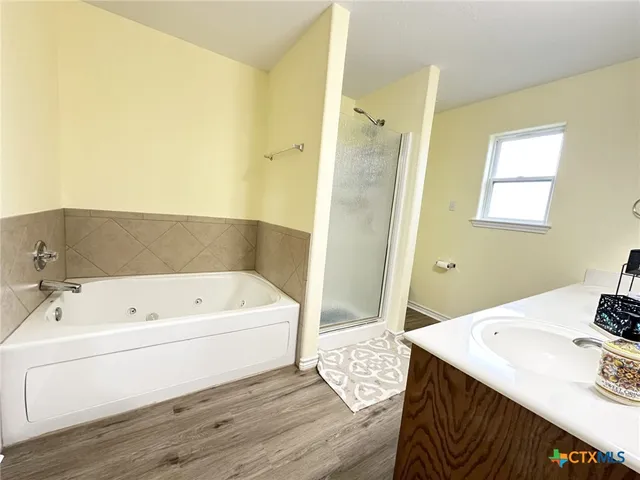 a bathroom with a sink mirror and a shower