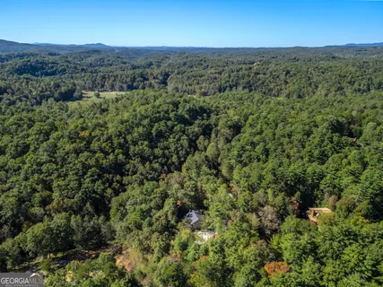 an aerial view of a houses with a lush green hillside