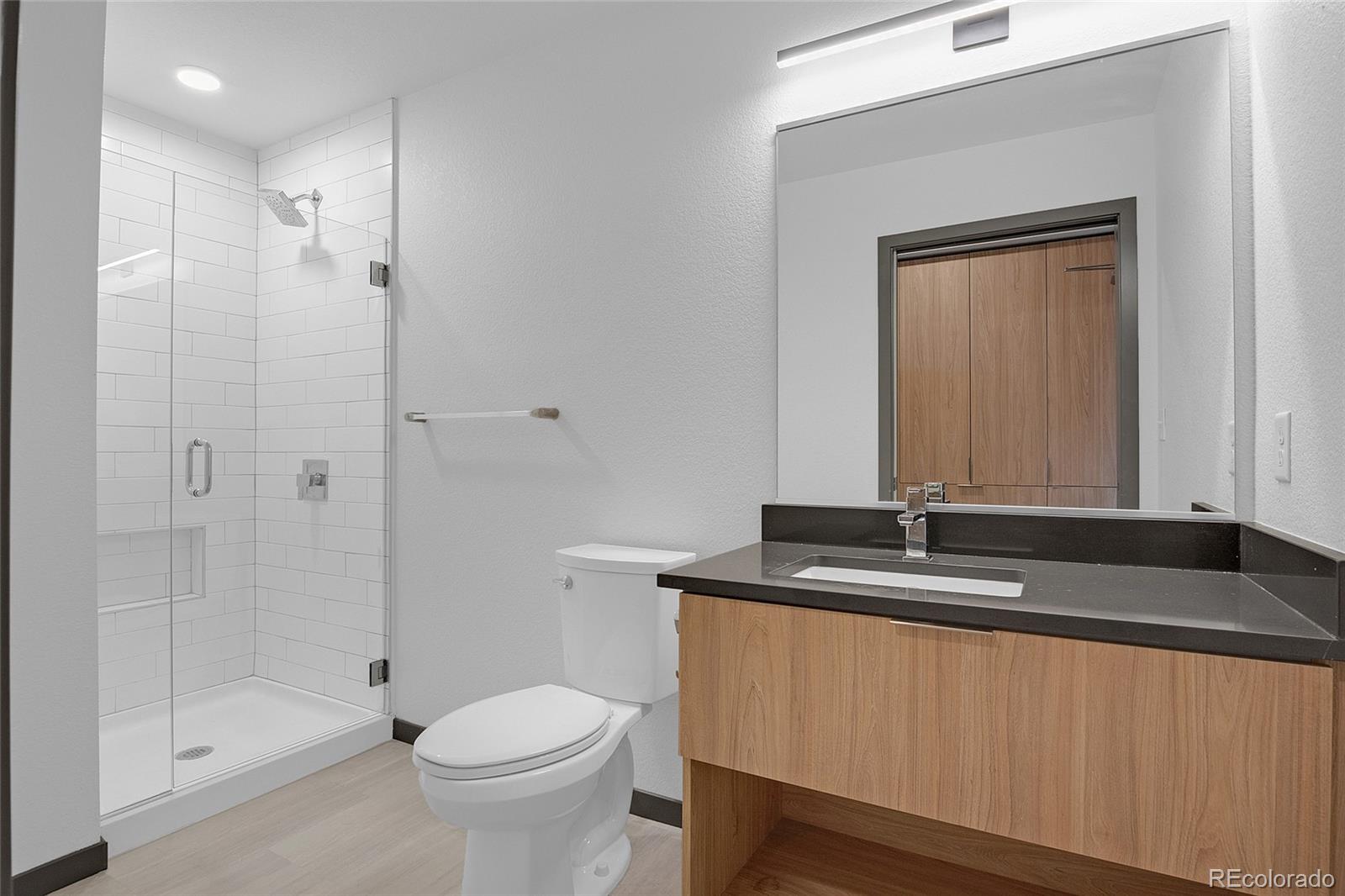 603 Inca Street, Unit 229 Denver, CO 80204 - Photo 10 of 11 a bathroom with a granite countertop sink toilet and shower