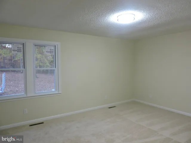 an empty room with a fireplace and windows