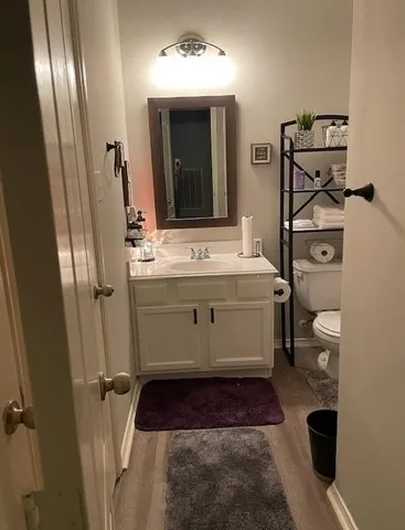 a bathroom with a sink toilet and mirror