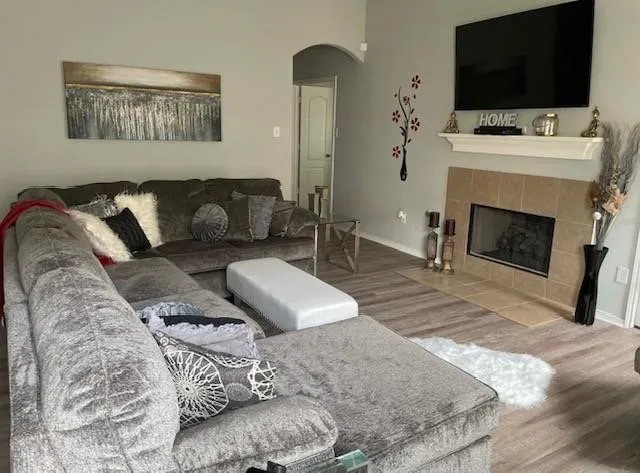 a living room with furniture and a fireplace