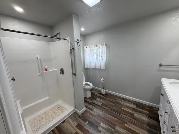 a bathroom with a shower and a toilet