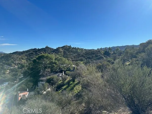 a view of a mountain in the distance in a field
