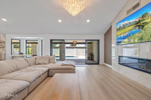 a aerial view of a house with a patio