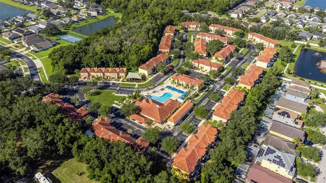 a view of a lake with a swimming pool