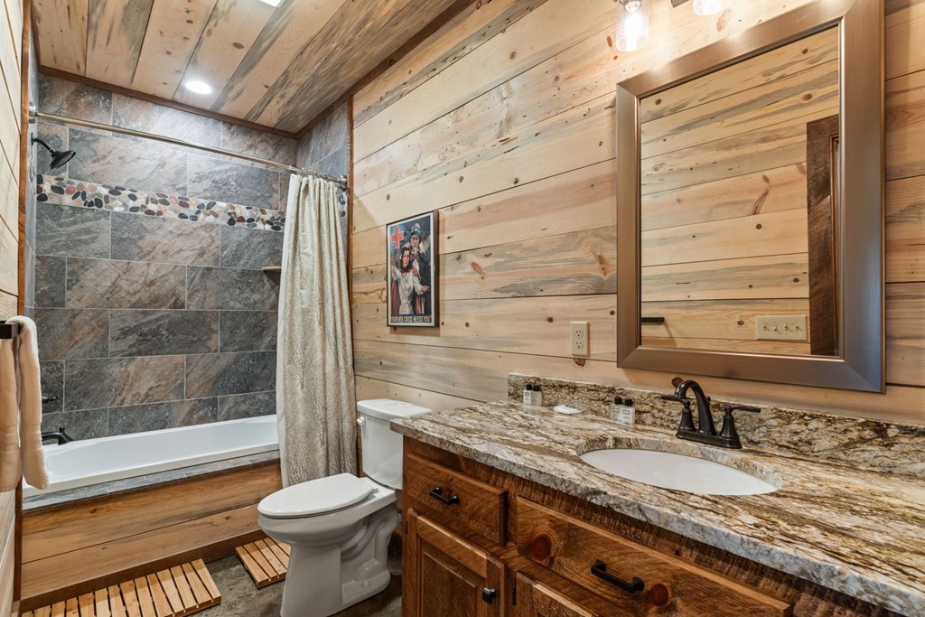15 Bootleg Mountain Road Morganton, GA 30560 - Photo 39 of 67 a bathroom with a granite countertop sink toilet and shower