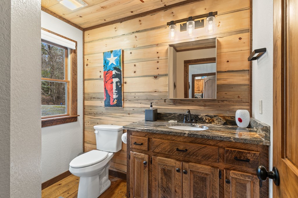 15 Bootleg Mountain Road Morganton, GA 30560 - Photo 58 of 67 a bathroom with a granite countertop sink a toilet and a mirror