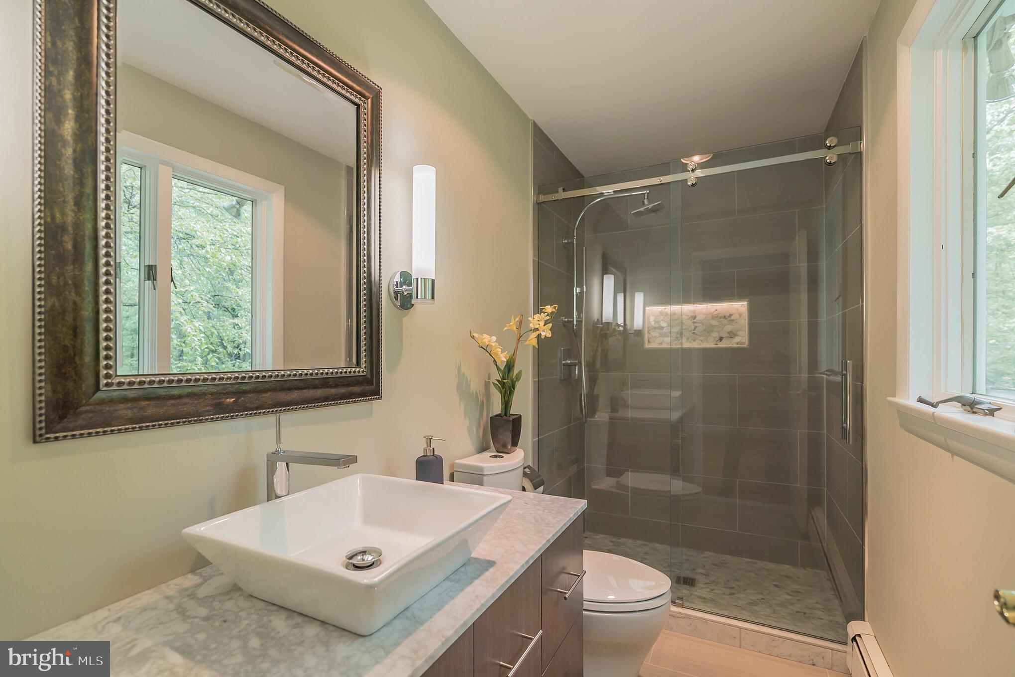 6249 Stump Road Pipersville, PA 18947 - Photo 16 of 31 Updated master bath with lit marble tile inset