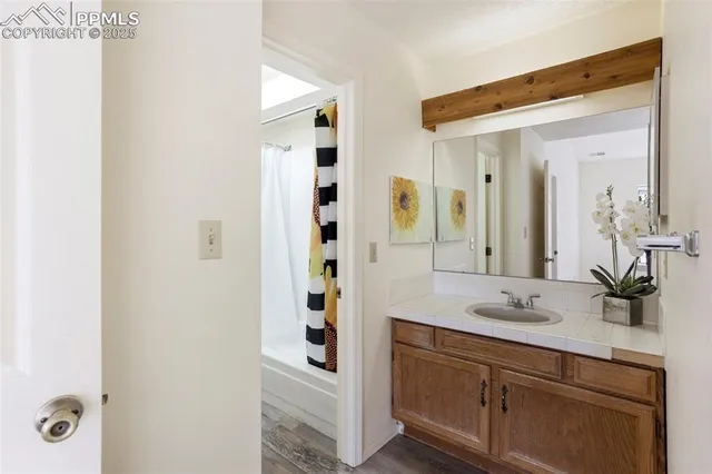 a bathroom with a shower sink and mirror