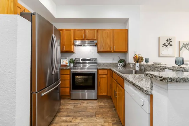 a view of a dining room with furniture