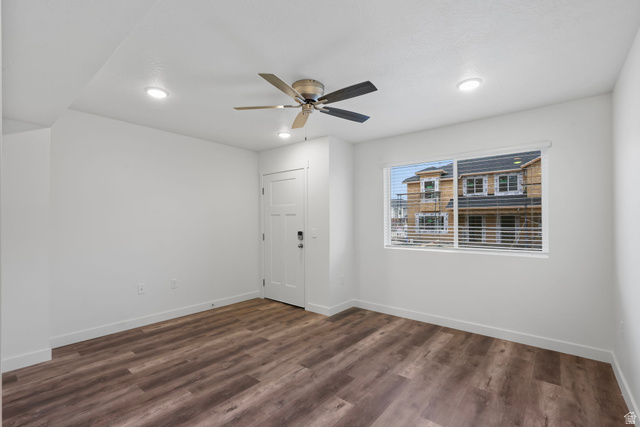 445 950 South Ogden, UT 84404 - Photo 4 of 28 Living room featuring dark wood-style floors, ceiling fan, and recessed lighting