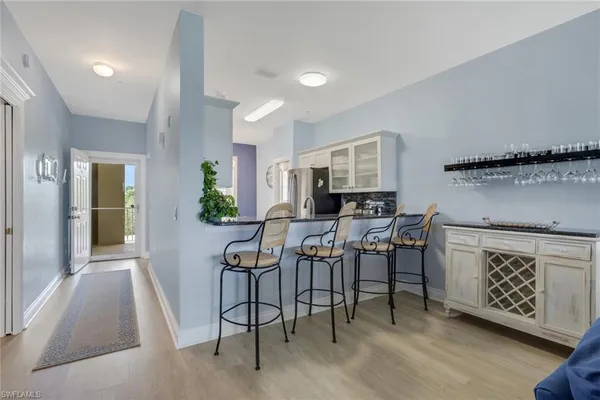 a view of a dining room with furniture