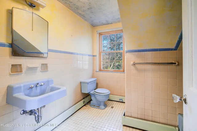 a bathroom with a sink a toilet and a mirror