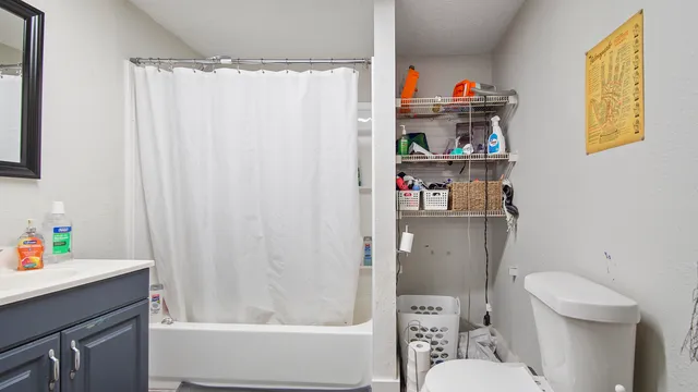 a bathroom with a sink a toilet and shower curtain
