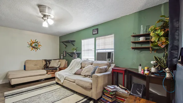a living room with furniture and a potted plant