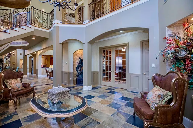 a building outdoor space with patio furniture