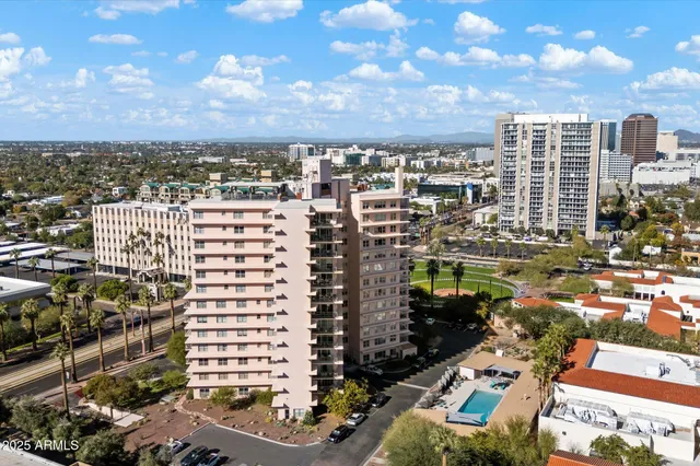 a view of a city with tall buildings