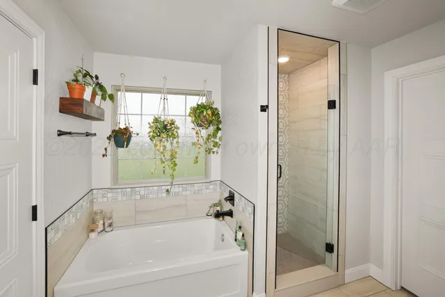 a bathroom with a bathtub and a shower