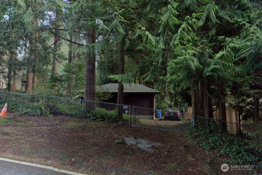 a view of a park that has large trees