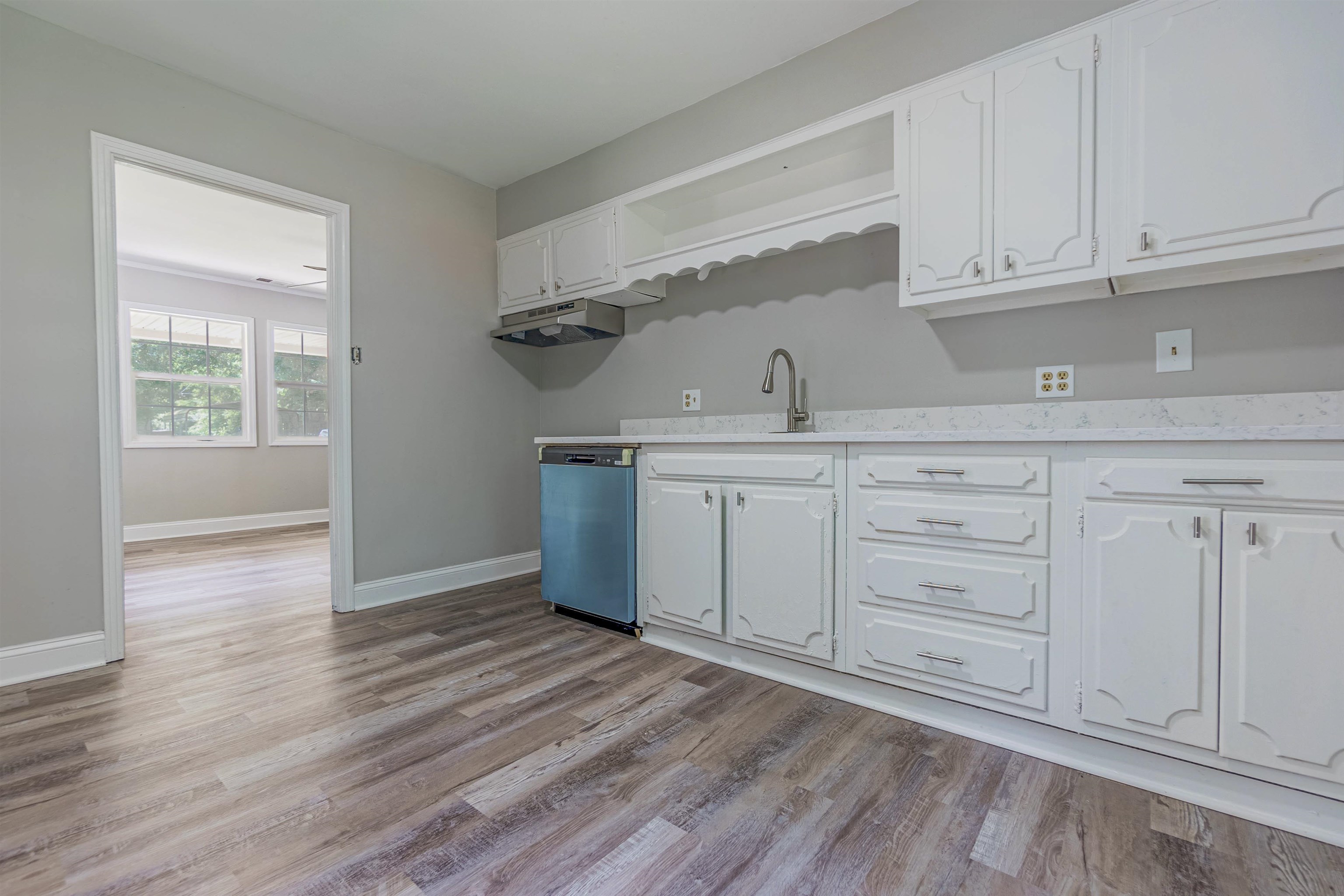 7841 Sherman Road Millington, TN 38053 - Photo 12 of 14 Kitchen featuring white cabinetry, sink, stainless steel dishwasher, and wood-type flooring