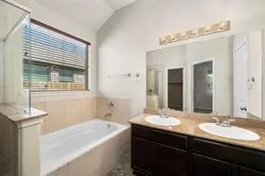 a bathroom with a tub a double vanity sink and mirror