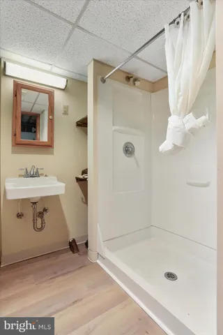 a bathroom with a sink a shower and a mirror