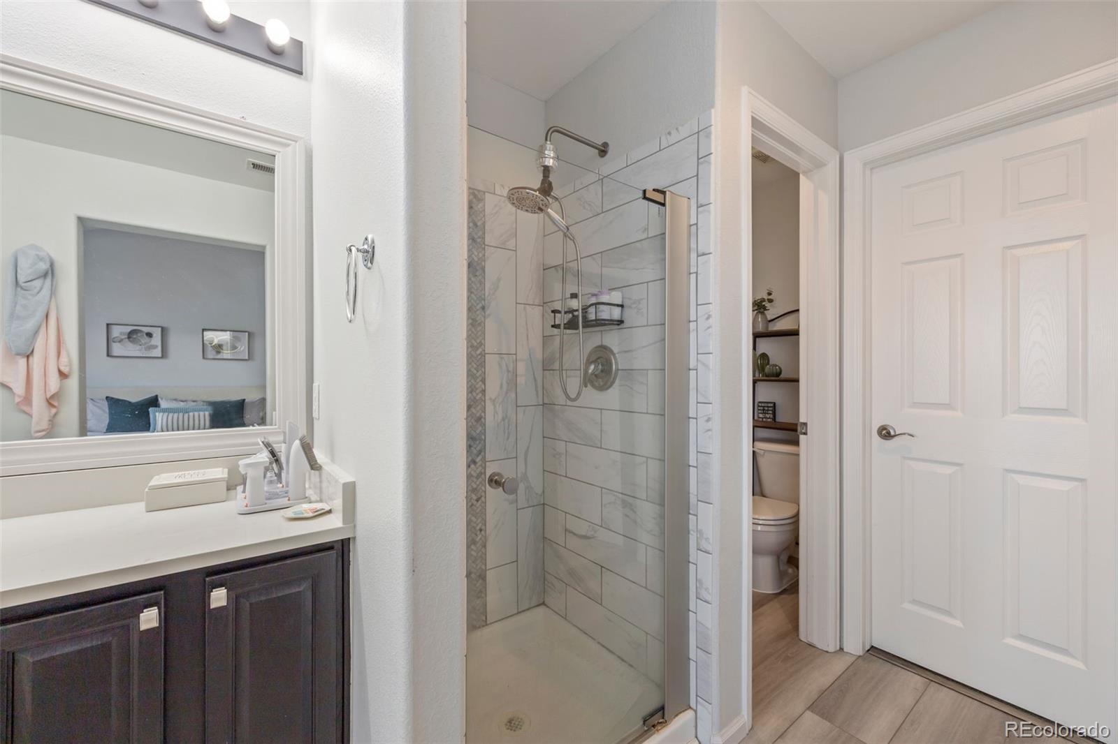8419 Stonybridge Circle Highlands Ranch, CO 80126 - Photo 16 of 24 a bathroom with a shower sink and mirror