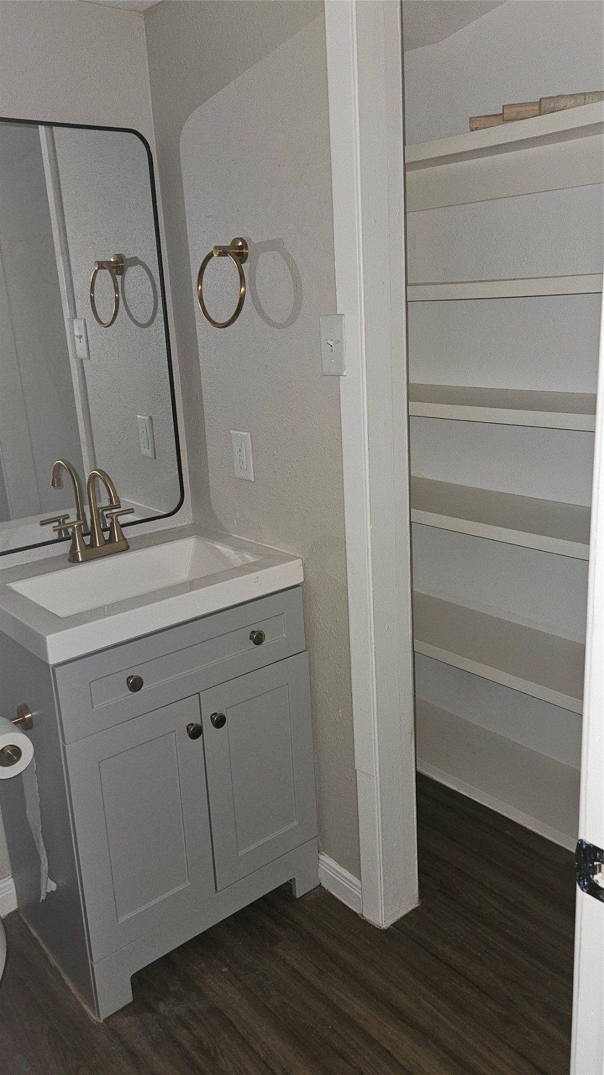 2415 Perry Street Baytown, TX 77521 - Photo 15 of 23 The primary bathroom features a modern vanity with a sleek sink, a large mirror, and gold fixtures. Adjacent to it is a spacious built-in shelving unit, ideal for storage. The flooring is a dark wood finish, enhancing the room's contemporary feel.