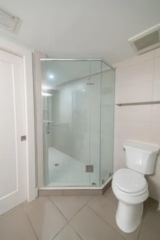 a bathroom with a shower and a toilet