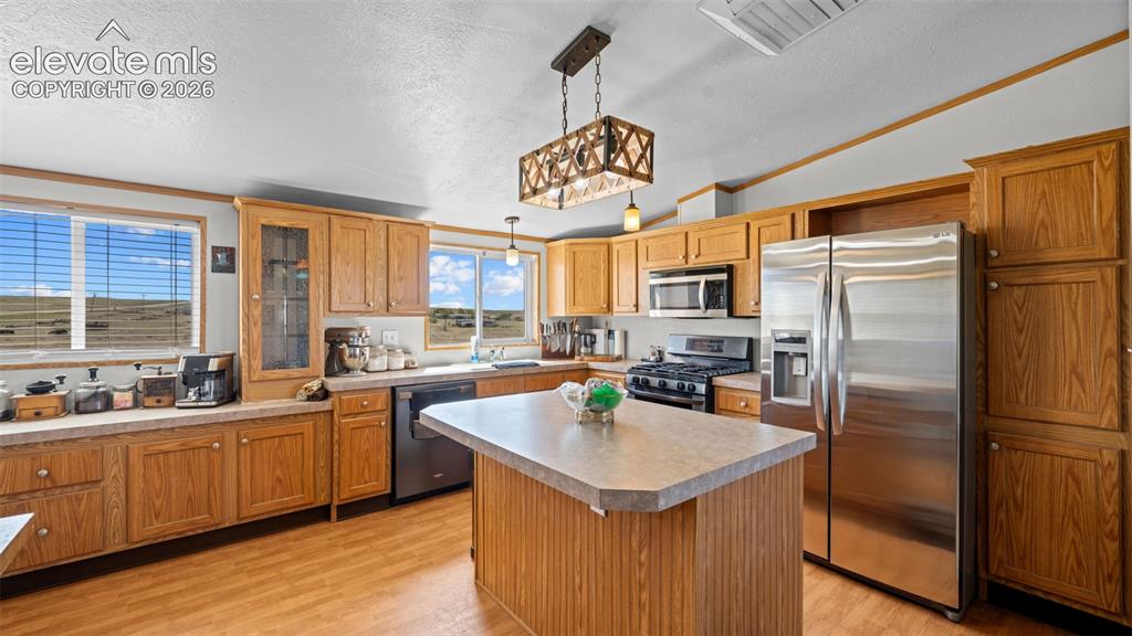 33975 Highway 94 Yoder, CO 80864 - Photo 12 of 40 Kitchen featuring wood-finish flooring, wood cabinetry, and a central island with a light-toned countertop