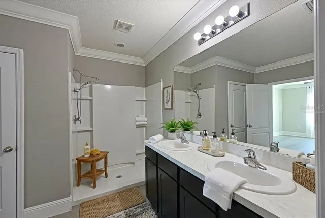 a bathroom with a sink double vanity and a mirror