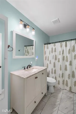 a bathroom with a sink toilet and mirror