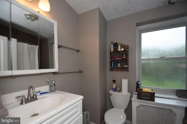 a bathroom with a sink a toilet and shower curtain