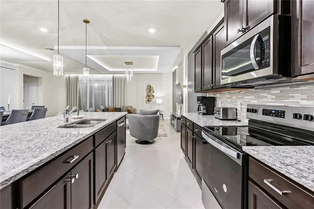 a view of a dining room with furniture